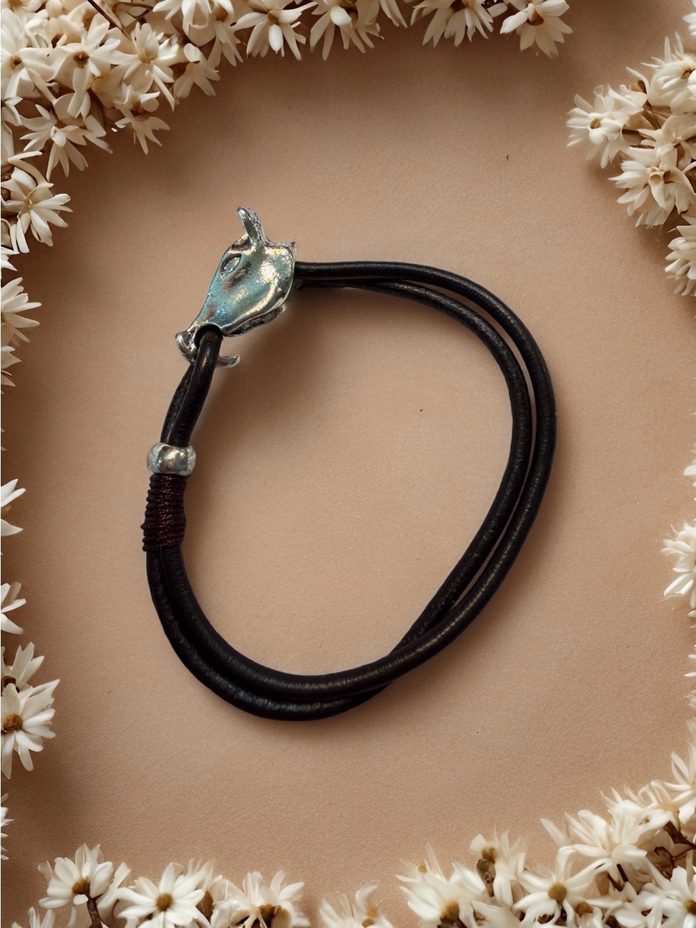 Silver Alloy 8” Horse Head Bracelet With Double Black PU Leather Cord